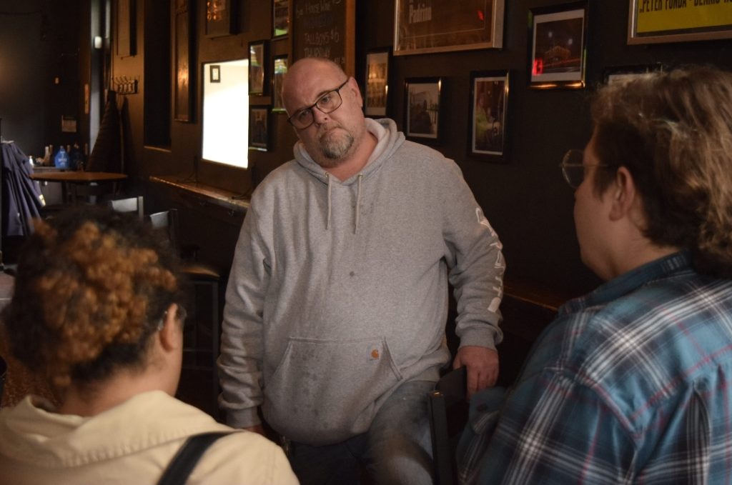 Hamilton Reclaim Your Pay campaign confronts owner of Gallagher's Bar over stolen wages, November 2018 | Image courtesy Hamilton IWW