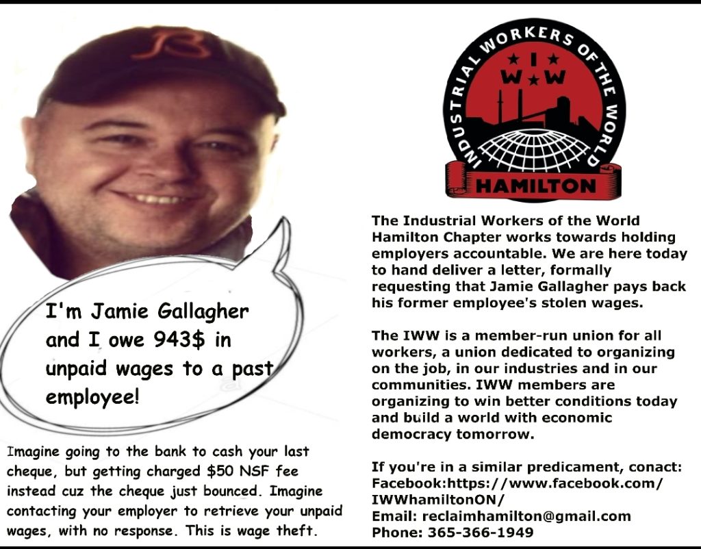 Flyer distributed to customers of Gallagher's Bar as part of Hamilton Reclaim Your Pay campaign, November 2018 | Image courtesy of Hamilton IWW