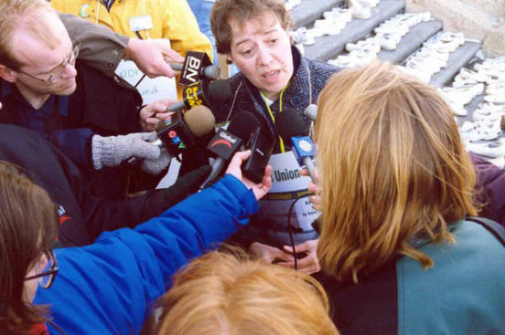 SUN president Rosalee Longmoore talks to the media during the 1999 strike | Image courtesy of Donna Ottenson