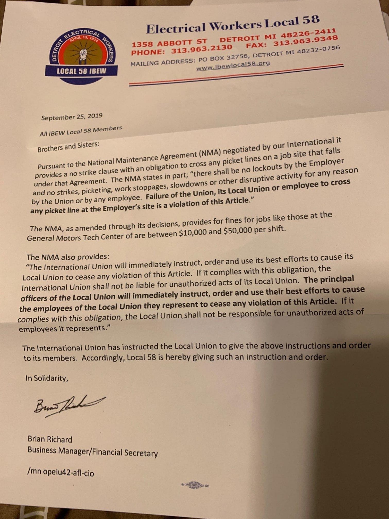 IBEW Local 58 letter to members warning them they had to cross picket lines