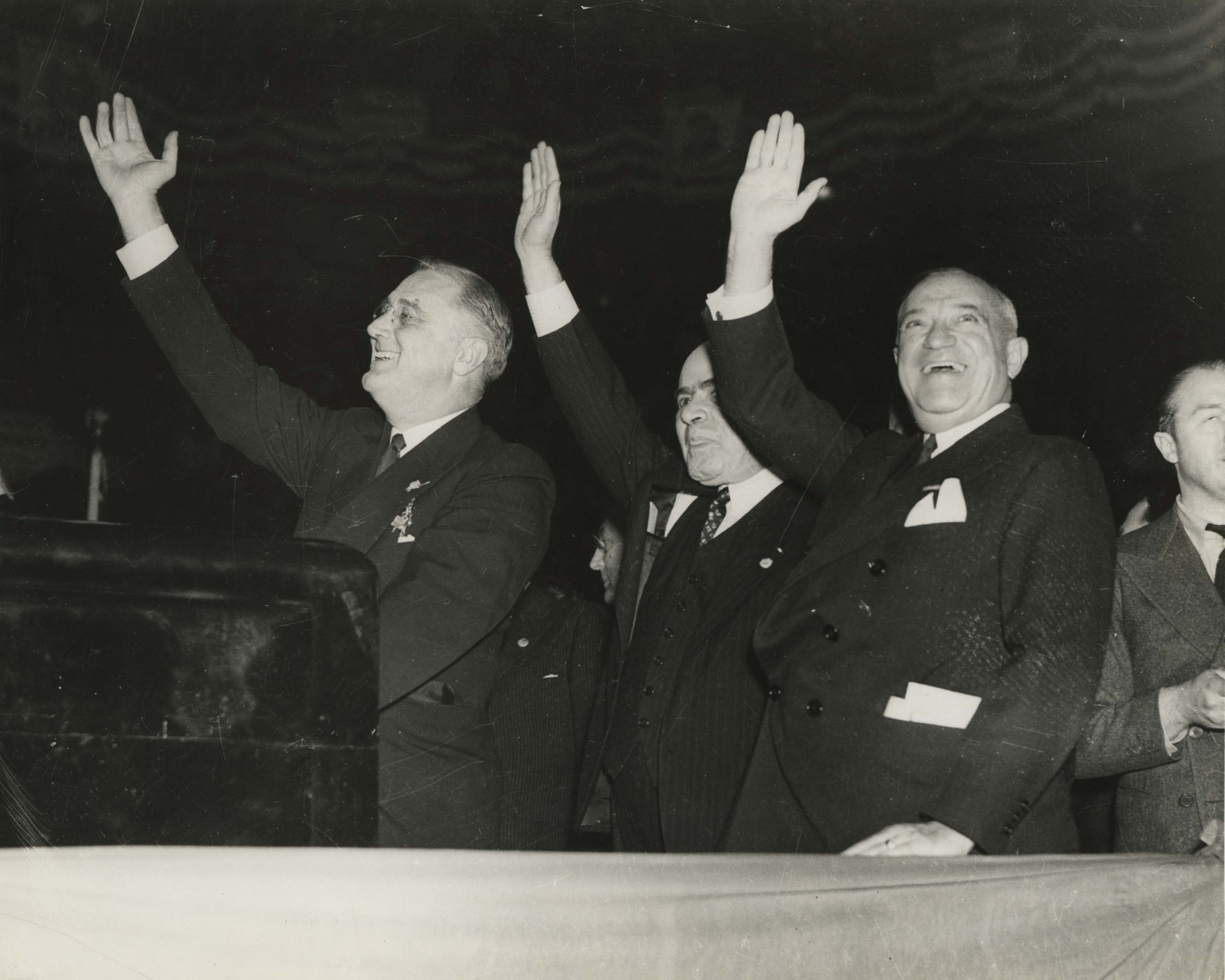 FDR, Herbert Lehman, Robert Wagner at a campaign rally in 1936. From the FDR Library Photo Collection
